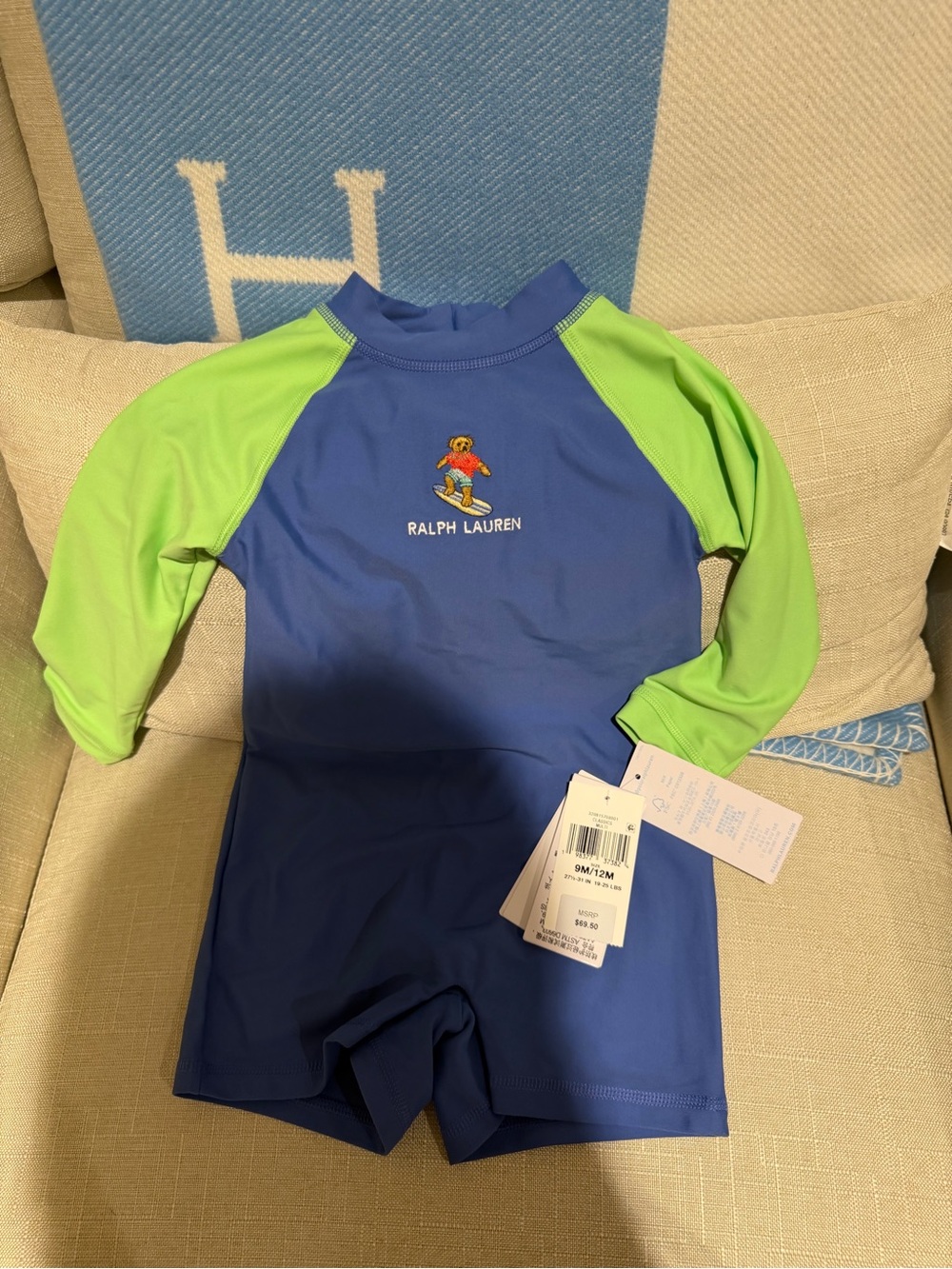 Ralph Lauren Blue Swim One-Piece with Lime Green Sleeves